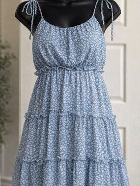 Light Blue Floral Tiered Sundress Adjustable Tie Straps Breezy Summer Style
